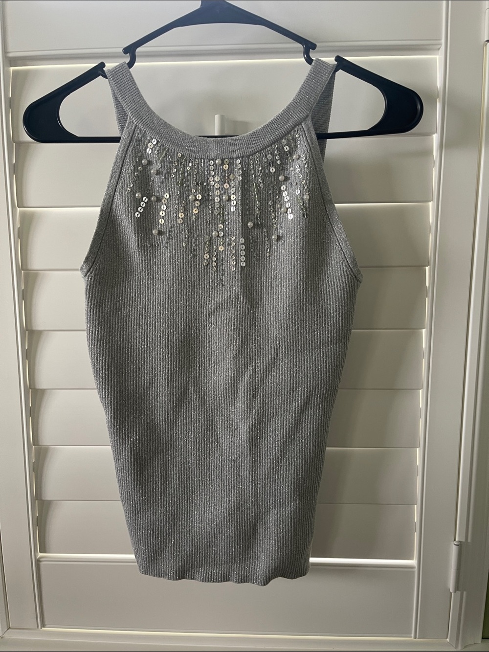 Cache Silver Sequin Ribbed Halter Tank Top